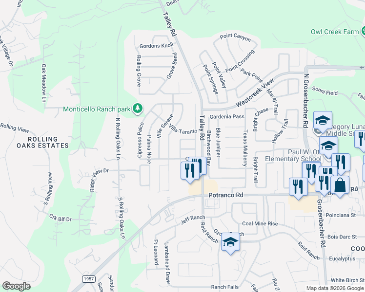 map of restaurants, bars, coffee shops, grocery stores, and more near 12826 Sicily in San Antonio