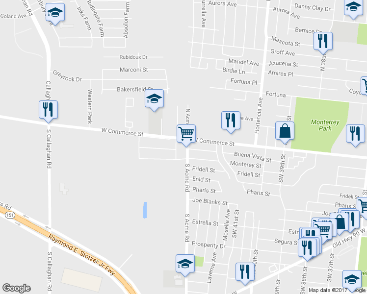 map of restaurants, bars, coffee shops, grocery stores, and more near 123 S Acme Rd in San Antonio