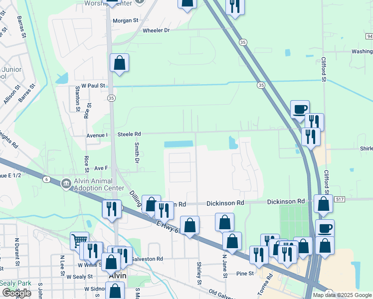 map of restaurants, bars, coffee shops, grocery stores, and more near 710 Columbia Street in Alvin