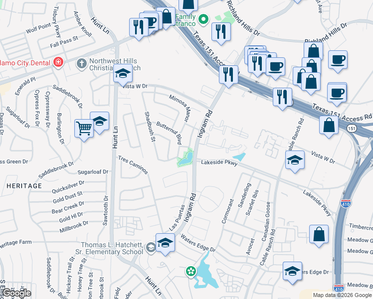 map of restaurants, bars, coffee shops, grocery stores, and more near 8910 Spruce Lake in San Antonio