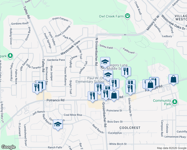 map of restaurants, bars, coffee shops, grocery stores, and more near 106 Coriander Bend in San Antonio