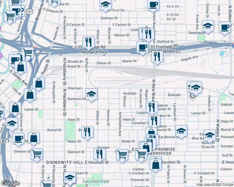 map of restaurants, bars, coffee shops, grocery stores, and more near 925 Burleson in San Antonio