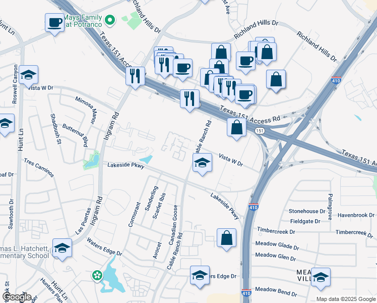 map of restaurants, bars, coffee shops, grocery stores, and more near 1639 Cable Ranch Road in San Antonio