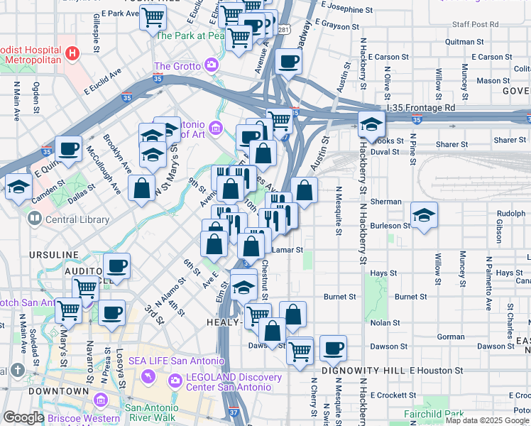 map of restaurants, bars, coffee shops, grocery stores, and more near 928 North Alamo Street in San Antonio