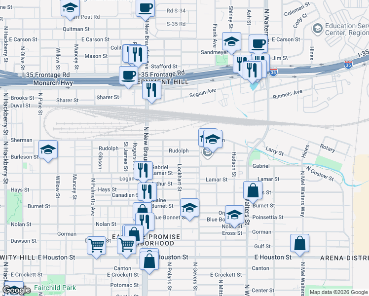 map of restaurants, bars, coffee shops, grocery stores, and more near 1535 Burleson in San Antonio