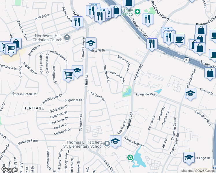 map of restaurants, bars, coffee shops, grocery stores, and more near 427 Shadbush Street in San Antonio