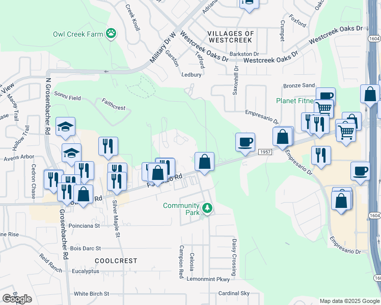 map of restaurants, bars, coffee shops, grocery stores, and more near 11877 Farm to Market Road 1957 in San Antonio