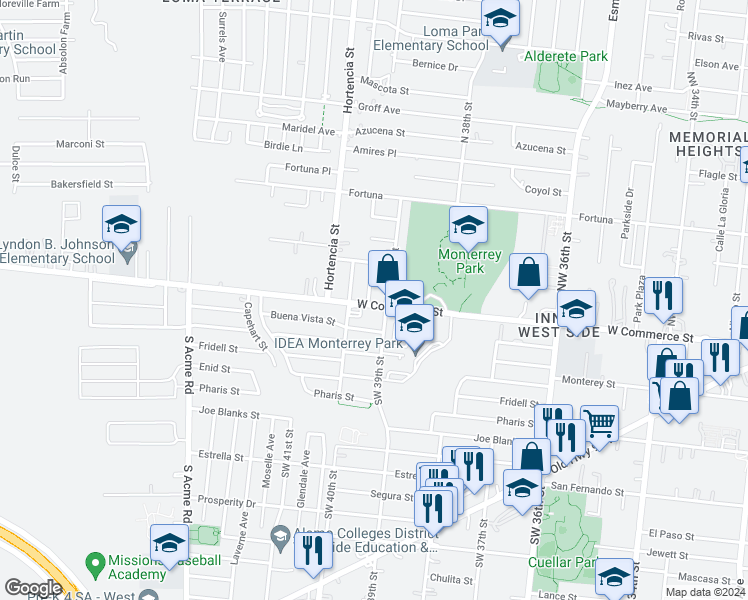map of restaurants, bars, coffee shops, grocery stores, and more near 102 Catherine St in San Antonio