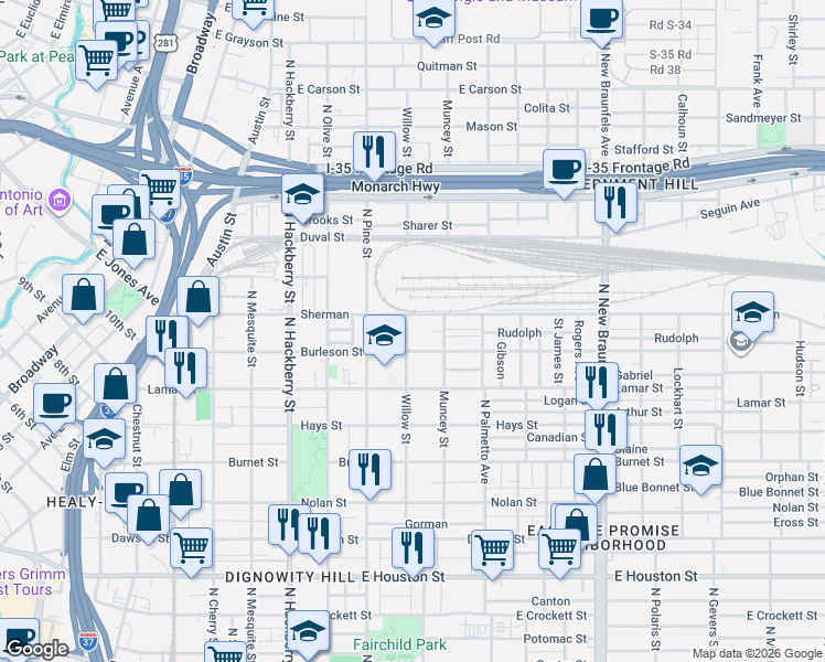 map of restaurants, bars, coffee shops, grocery stores, and more near 729 Burleson in San Antonio