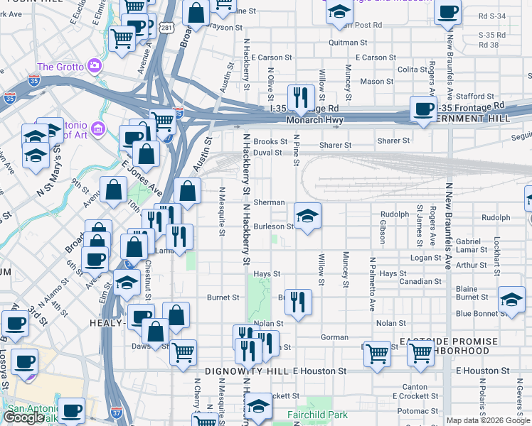 map of restaurants, bars, coffee shops, grocery stores, and more near 1107 North Olive Street in San Antonio
