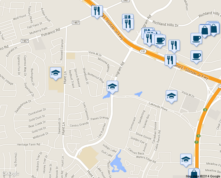 map of restaurants, bars, coffee shops, grocery stores, and more near 8910 Spruce Lake in San Antonio