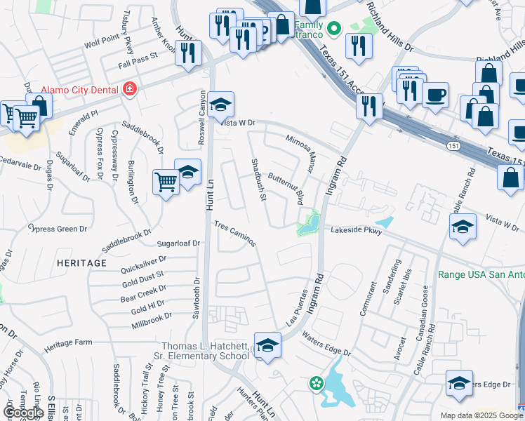 map of restaurants, bars, coffee shops, grocery stores, and more near 427 Shadbush Street in San Antonio