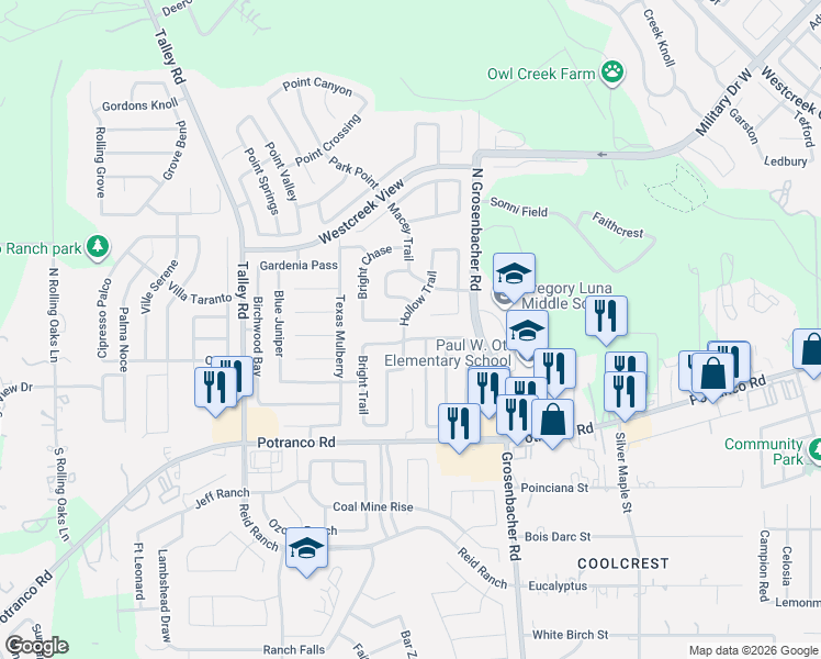 map of restaurants, bars, coffee shops, grocery stores, and more near 12707 Avens Arbor in San Antonio