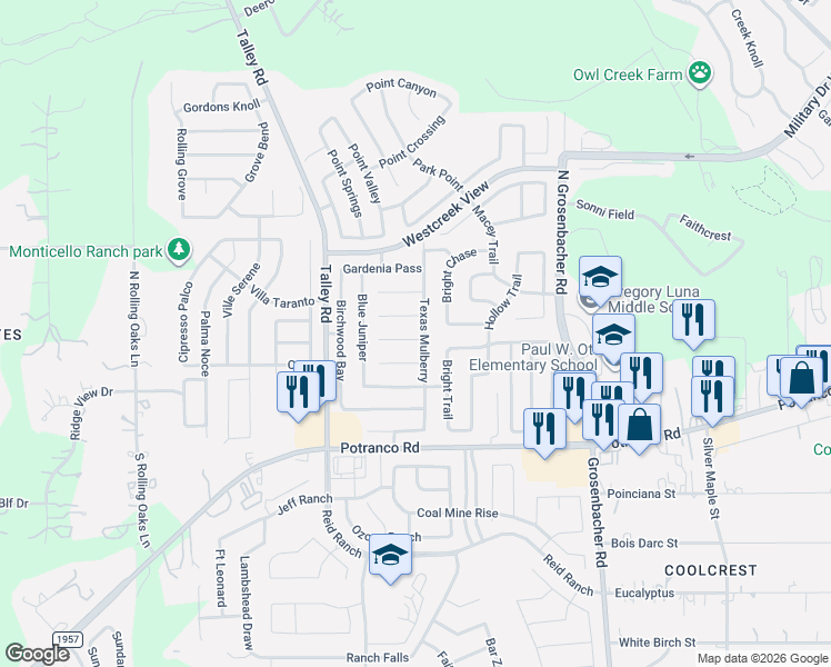 map of restaurants, bars, coffee shops, grocery stores, and more near 12622 Sunny Wonder in San Antonio