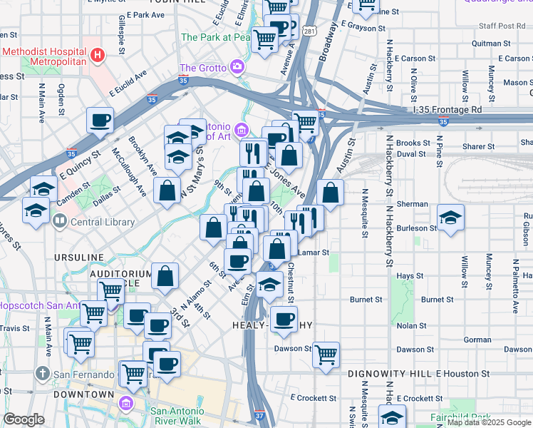 map of restaurants, bars, coffee shops, grocery stores, and more near 901 North Alamo Street in San Antonio