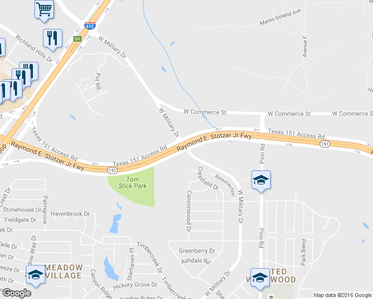 map of restaurants, bars, coffee shops, grocery stores, and more near W Military Dr & Texas 151 Access Rd in San Antonio