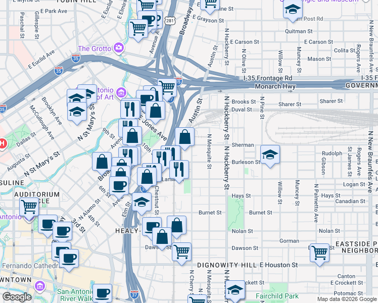 map of restaurants, bars, coffee shops, grocery stores, and more near 1007 North Cherry in San Antonio