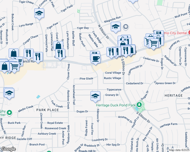 map of restaurants, bars, coffee shops, grocery stores, and more near 859 Fillmore Drive in San Antonio