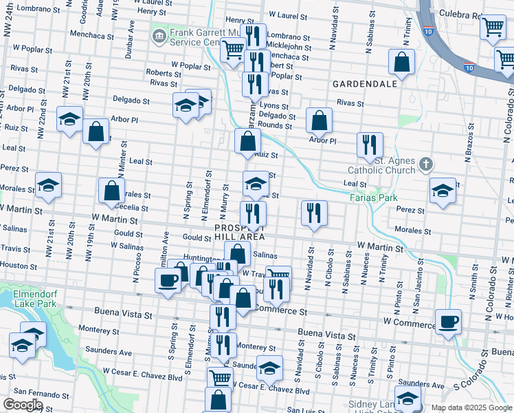 map of restaurants, bars, coffee shops, grocery stores, and more near 2215 Morales Street in San Antonio