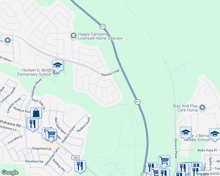 map of restaurants, bars, coffee shops, grocery stores, and more near 1407 Lesser Scaup in San Antonio