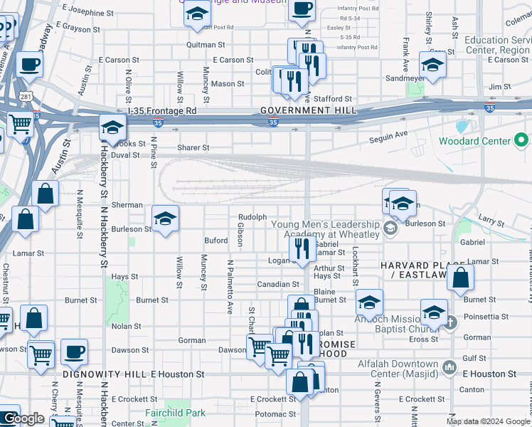 map of restaurants, bars, coffee shops, grocery stores, and more near 1129 Burleson in San Antonio