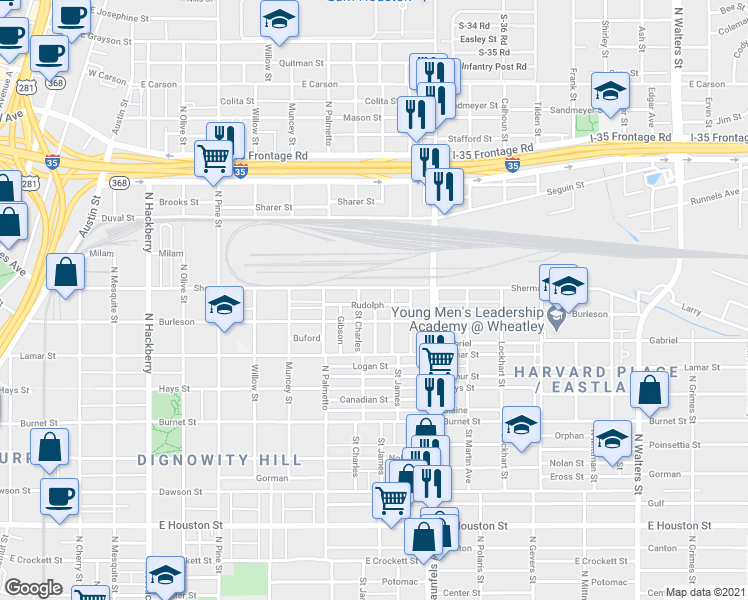 map of restaurants, bars, coffee shops, grocery stores, and more near 1129 Burleson in San Antonio