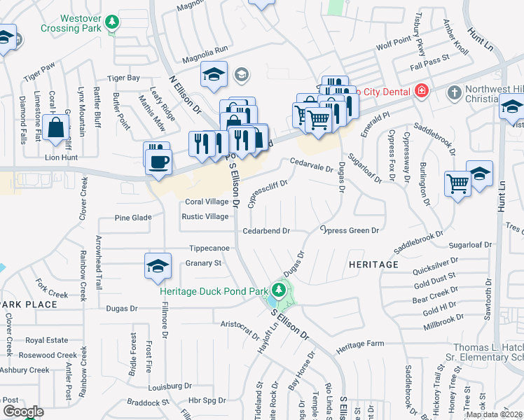 map of restaurants, bars, coffee shops, grocery stores, and more near 715 Cypressbrook Drive in San Antonio