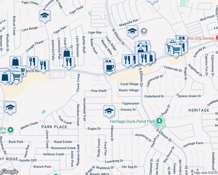 map of restaurants, bars, coffee shops, grocery stores, and more near 859 Fillmore Drive in San Antonio