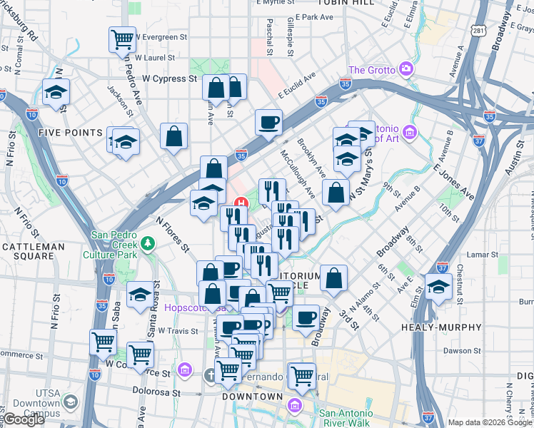 map of restaurants, bars, coffee shops, grocery stores, and more near 317 Lexington Avenue in San Antonio