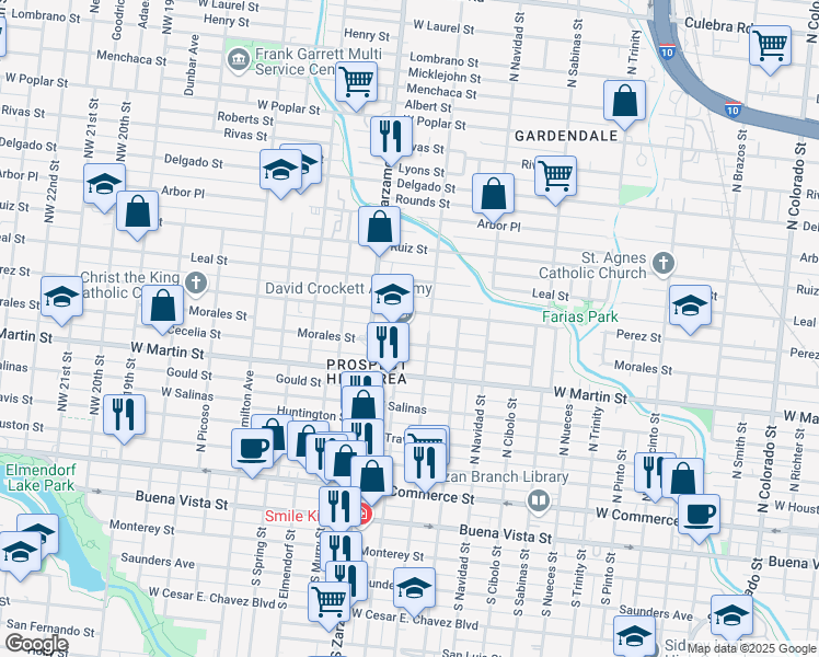 map of restaurants, bars, coffee shops, grocery stores, and more near 2215 Morales Street in San Antonio