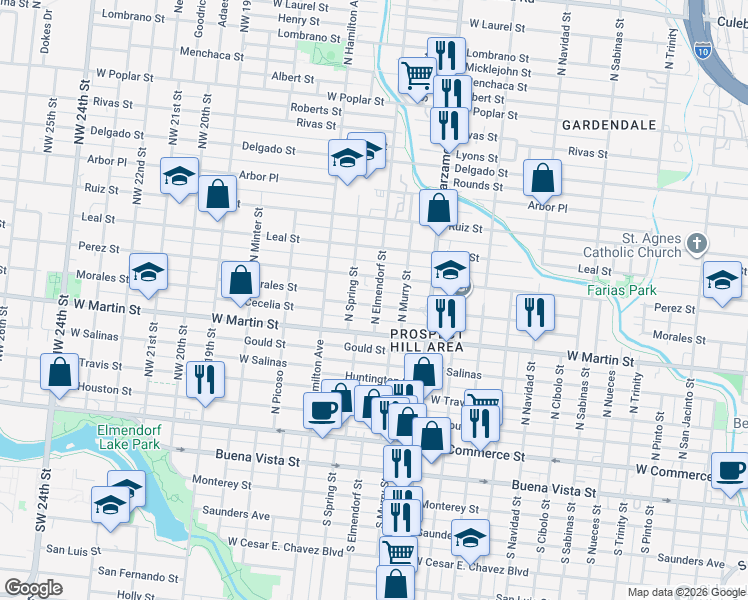 map of restaurants, bars, coffee shops, grocery stores, and more near 2606 Morales Street in San Antonio