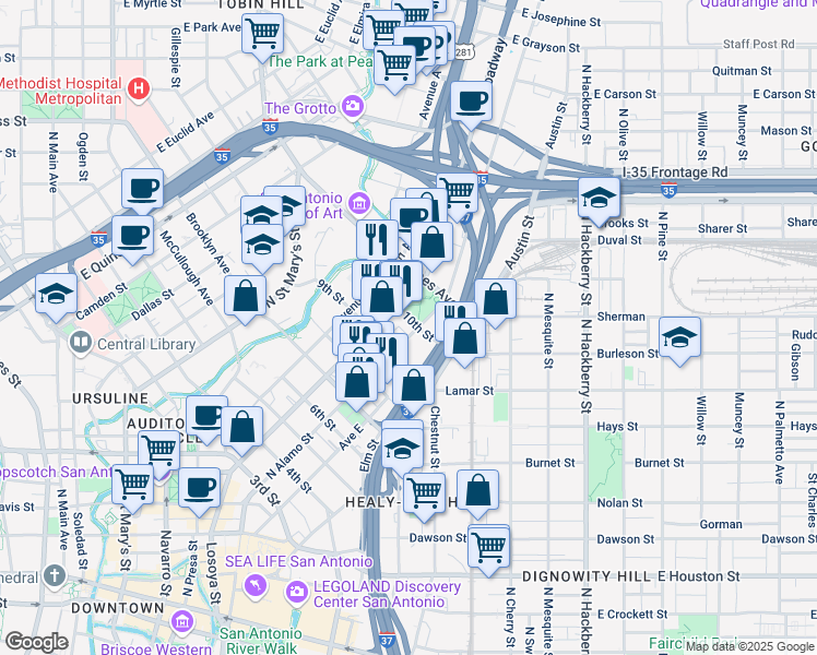 map of restaurants, bars, coffee shops, grocery stores, and more near 901 North Alamo Street in San Antonio