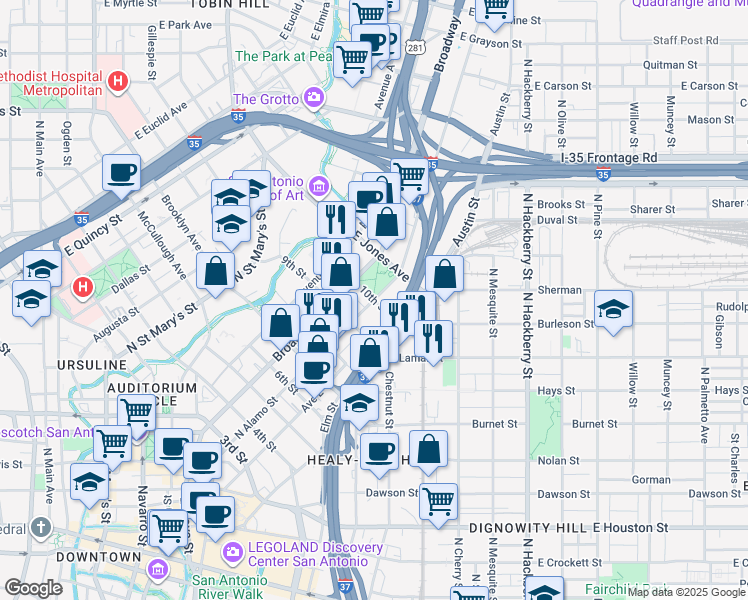 map of restaurants, bars, coffee shops, grocery stores, and more near N Alamo St & 10th St in San Antonio