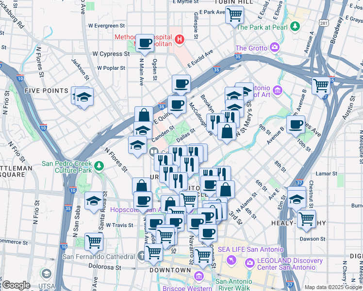 map of restaurants, bars, coffee shops, grocery stores, and more near 215 Lexington Avenue in San Antonio