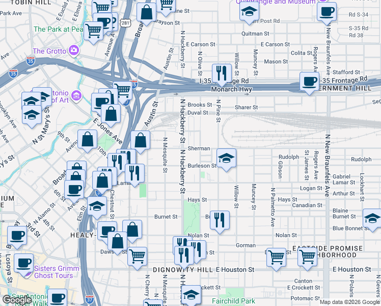 map of restaurants, bars, coffee shops, grocery stores, and more near 1107 North Olive Street in San Antonio