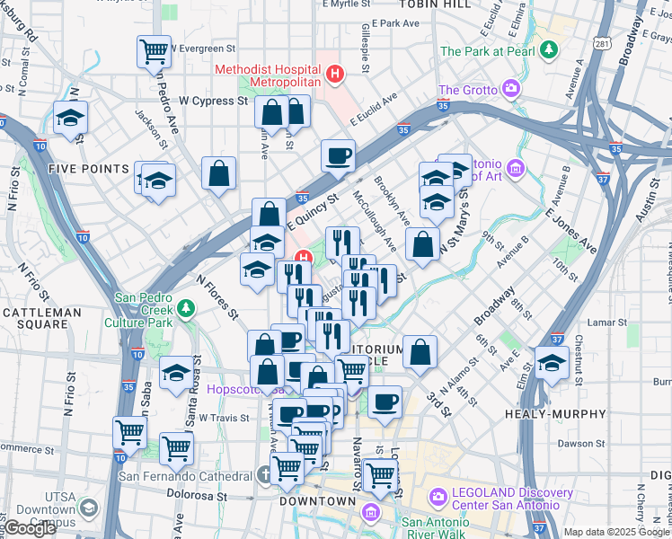 map of restaurants, bars, coffee shops, grocery stores, and more near 124 Dallas Street in San Antonio