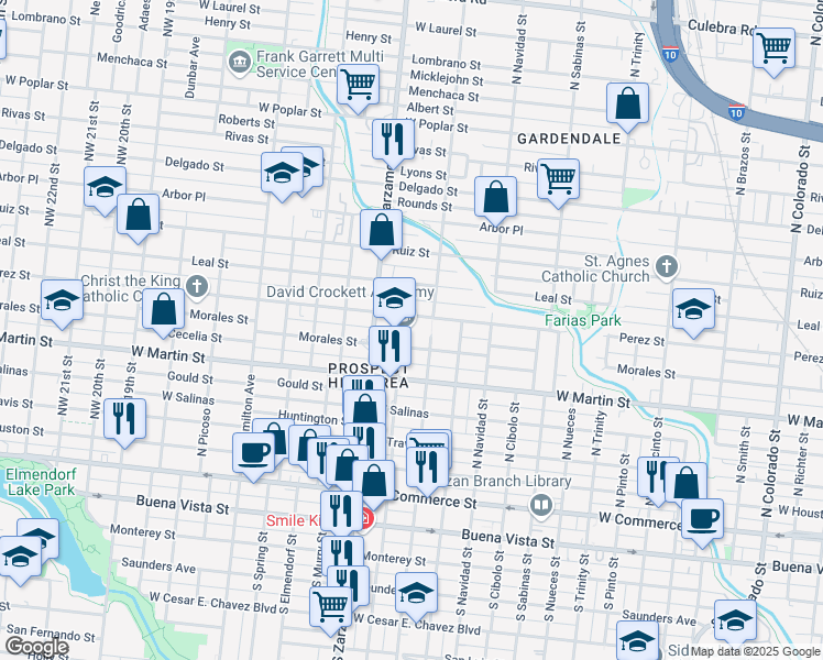 map of restaurants, bars, coffee shops, grocery stores, and more near 2208 Morales Street in San Antonio