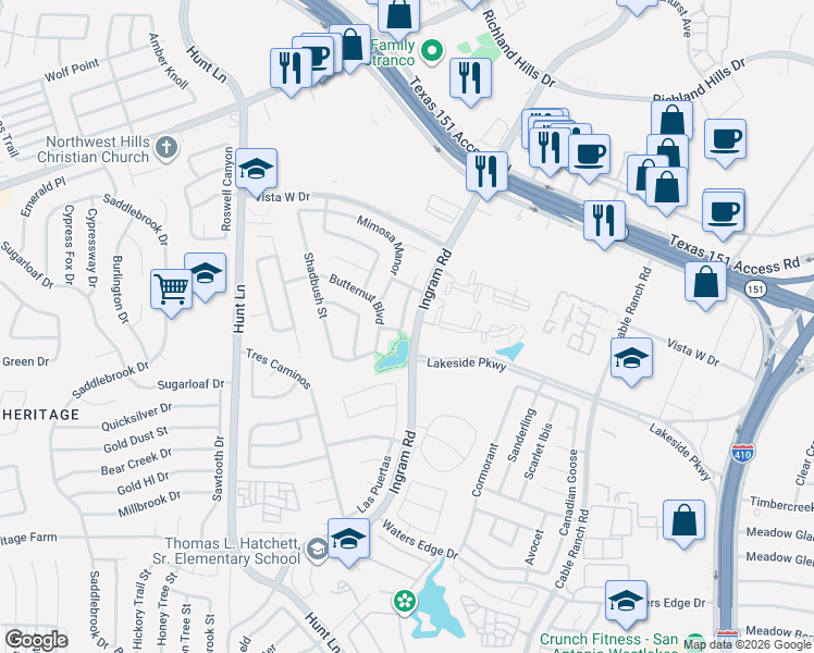 map of restaurants, bars, coffee shops, grocery stores, and more near 8910 Spruce Lake in San Antonio