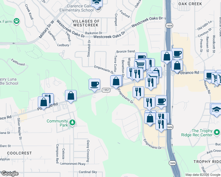 map of restaurants, bars, coffee shops, grocery stores, and more near 11440 Potranco Road in San Antonio