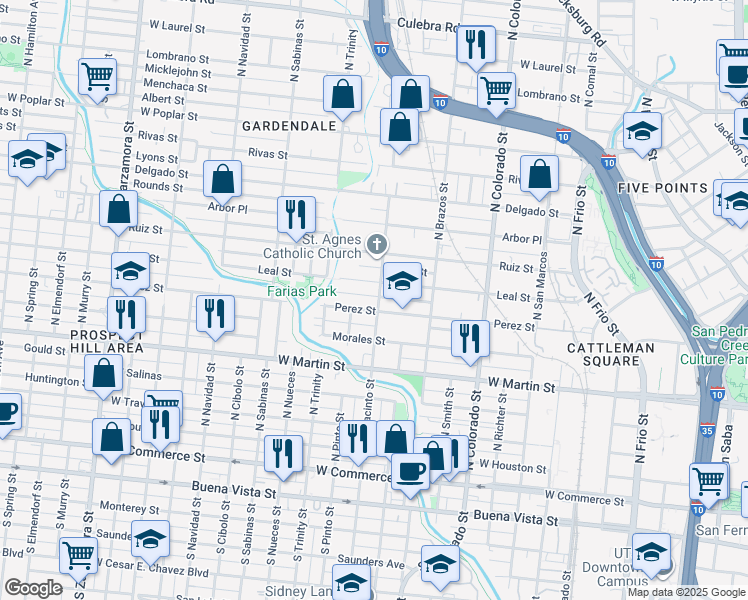 map of restaurants, bars, coffee shops, grocery stores, and more near 1114 Perez Street in San Antonio