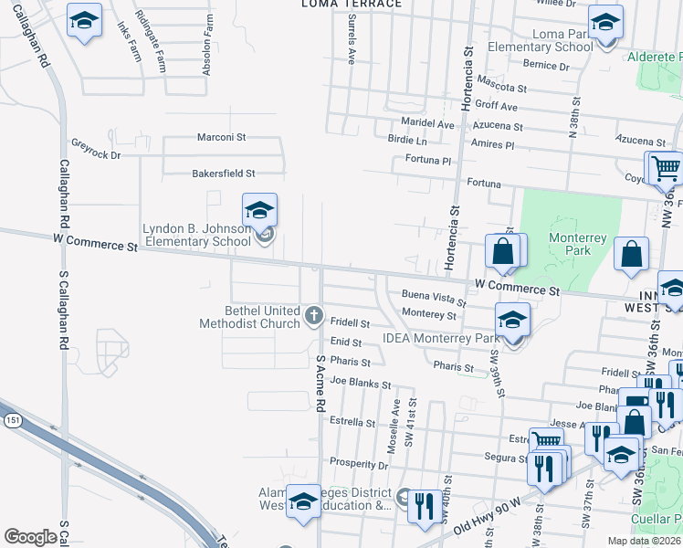 map of restaurants, bars, coffee shops, grocery stores, and more near 6514 Buena Vista Street in San Antonio