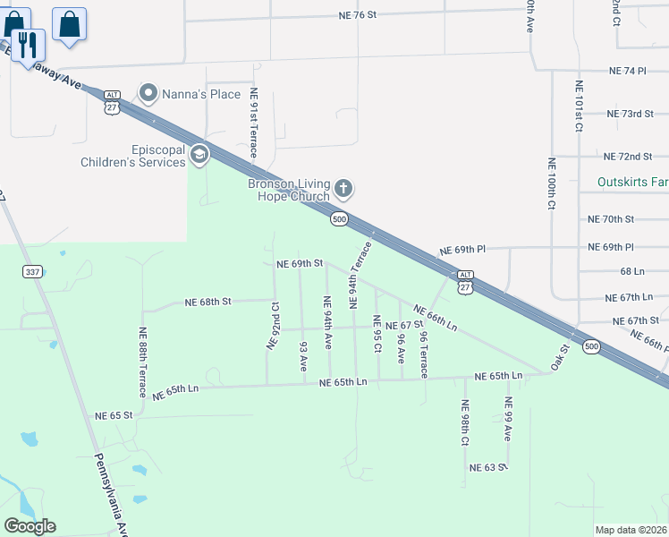 map of restaurants, bars, coffee shops, grocery stores, and more near 9450 Northeast 66th Lane in Bronson