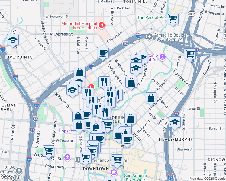 map of restaurants, bars, coffee shops, grocery stores, and more near 215 Lexington Avenue in San Antonio