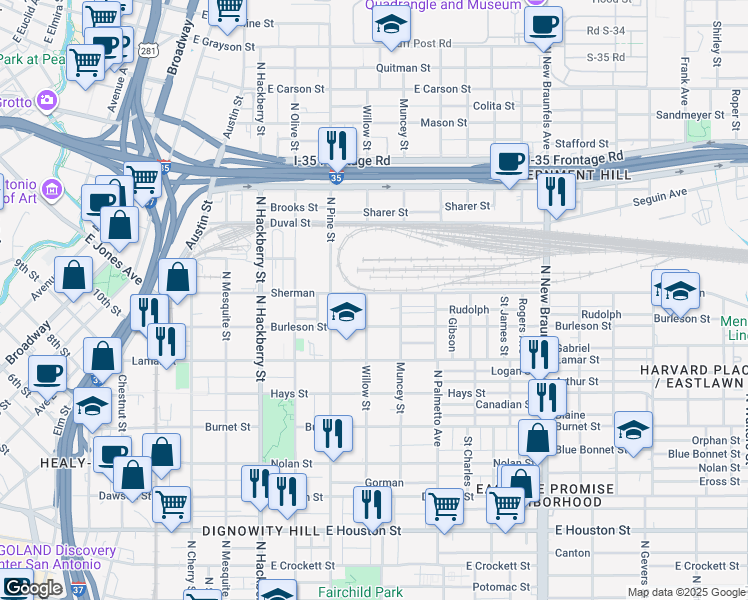 map of restaurants, bars, coffee shops, grocery stores, and more near 729 Burleson in San Antonio