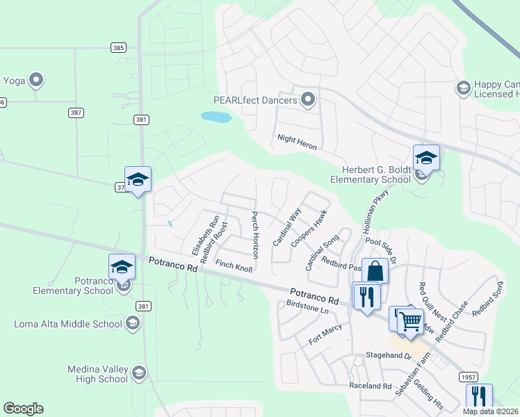 map of restaurants, bars, coffee shops, grocery stores, and more near 123 Perch Manor in San Antonio