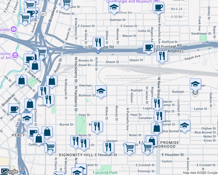 map of restaurants, bars, coffee shops, grocery stores, and more near 729 Burleson in San Antonio