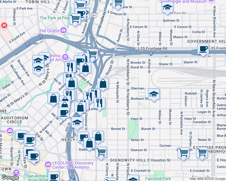 map of restaurants, bars, coffee shops, grocery stores, and more near 331 Burleson in San Antonio