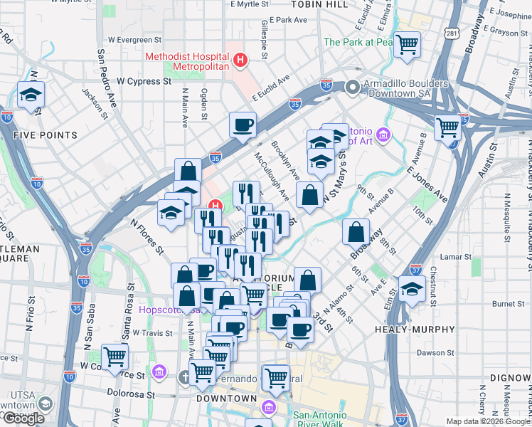 map of restaurants, bars, coffee shops, grocery stores, and more near 215 Lexington Avenue in San Antonio