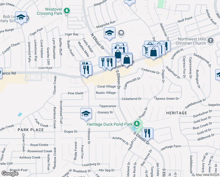 map of restaurants, bars, coffee shops, grocery stores, and more near 10334 Rustic Village in San Antonio