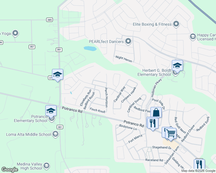 map of restaurants, bars, coffee shops, grocery stores, and more near 123 Perch Manor in San Antonio